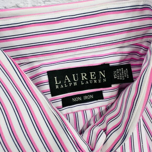 Lauren Ralph Lauren Men's Non Iron Button Up Shirt‎ 15.5 Pink White Blue Stripe - Picture 3 of 7